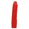 Želatínové dildo realistického tvaru penisu červenej farby.
