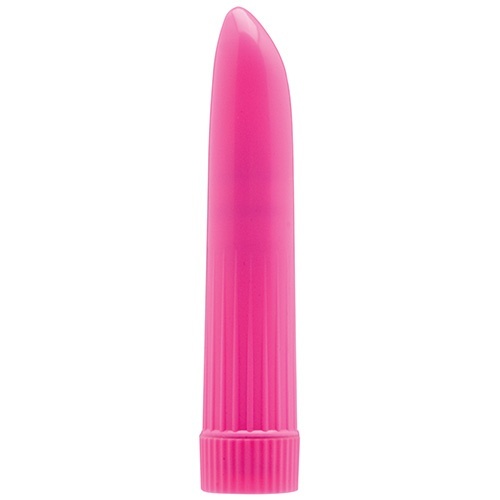 Jednoduchý ružový vibrátor z tvrdeného plastu s dĺžkou 14 cm.