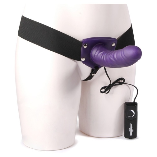Pripínací penis fialovej farby pre ženy s vibráciami a ovládačom.