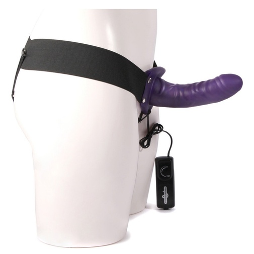 Vibračný strap-on nasadzovací penis fialovej farby s vibráciami a ovládačom.