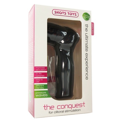 V balení sací stimulátor klitorisu v čiernej farbe The Conquest.