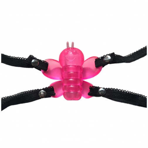 Želatínová vibračná včelička ružovej farby s popruhmi na uchytenie a ovládačom.