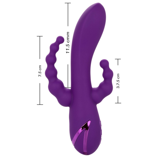 Rozmery špeciálneho vibrátora, ktorý stimuluje anál, vagínu aj klitoris.