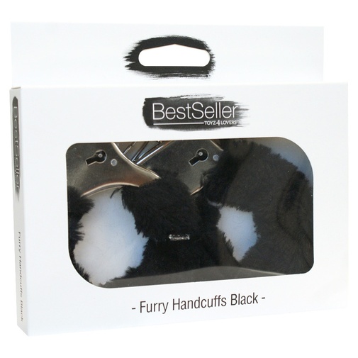 V balení putá BestSeller - Furry handcuffs v čiernej farbe s kožušinkou.