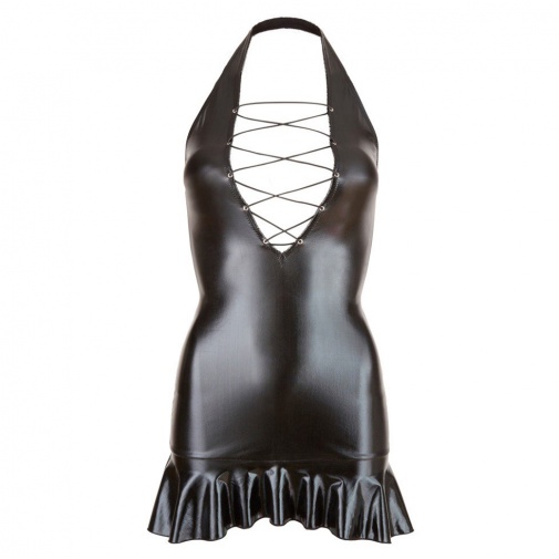Čierne lakované mini šaty so šnurovačkou na prsiach
