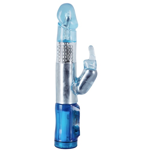 Kvalitný rotačný perličkový vibrátor so stimulátorom klitorisu v modrej farbe.