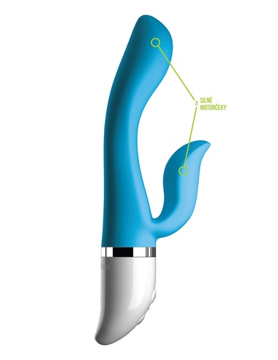 Ohybný vibrátor s jemným povrchom modrej farby s výstupkom na dráždenie klitorisu.