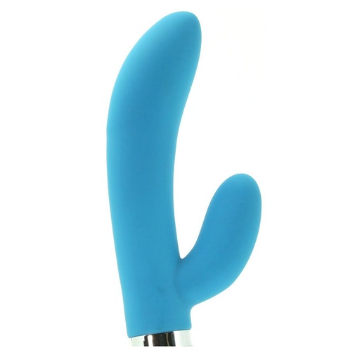 Pohľad zblízka na silikónový vibrátor so stimulátorom klitorisu a bodu G belasej farby.