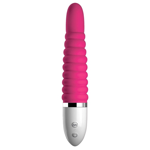 Luxusný silikónový vibrátor s členitým zaoblením v ružovom prevedení s desiatimi druhmi vibrácii a pulzácii ovládaných tlačítkom.