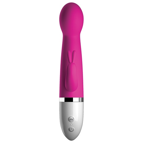 Ružový vibrátor z kvalitného silikónu, hladkým povrchom so stimulátorom klitorisu v tvare zajačika a dvoma silnými motorčekmi s jemne zahnutou špičkou pre dráždenie bodu G.