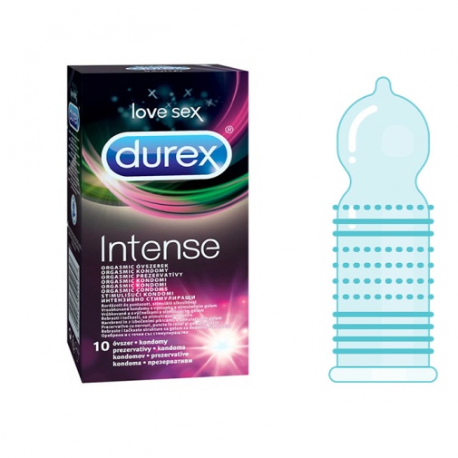 Kondómy Durex Intense Orgasmic 12 ks so stimulačným lubrikantom na povrchu pre dosiahnutie orgazmu partnerky.