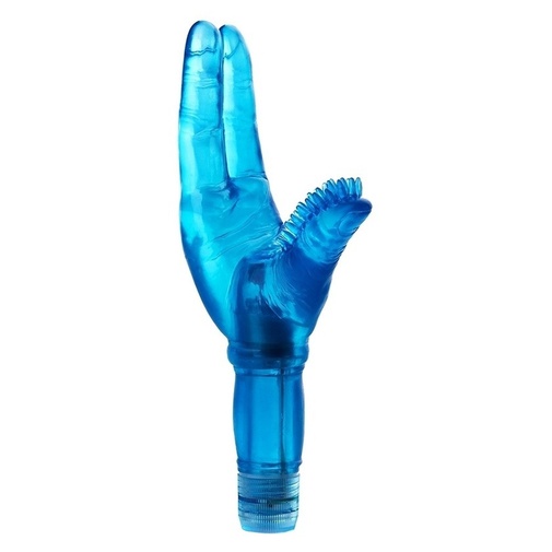 Vibrátor a stimulátor klitorisu v tvare ruky v modrej farbe