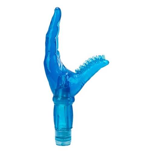 Vodotesný modrý vibrátor v tvare ruky s ukazovákom a prostredníkom na vniknutie do vagíny a s palcom s jemnými pichliačikmi na stimuláciu klitorisu.