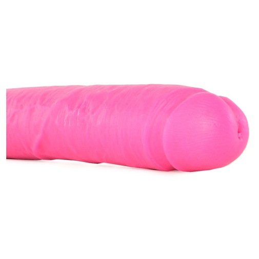 Detail na realistickú špičku penisu dvojitého dilda ružovej farby.