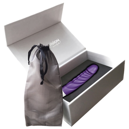 Elegantné balenie luxusného vibrátora zo silikónu s vlnkovým povrchom fialovej farby.