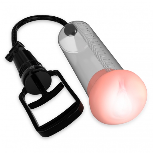 Vákuová pumpa pre penis s priemernou alebo nadpriemernou dĺžkou s masturbátorom v tvare vagíny priamo vo vstupe do vákuovej pumpy so zdokonaleným čerpadlom a meradlom na jeho valci s erekčným krúžkom v balení - Pump Worx Fanta Flesh Pussy.