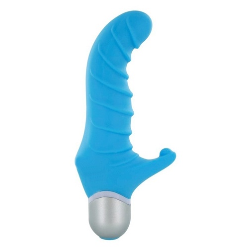 Modrý silikónový vibrátor so stimulátorom klitorisu s vrúbkami po celom povrchu a zahnutou špičkou na stimuláciu bodu G
