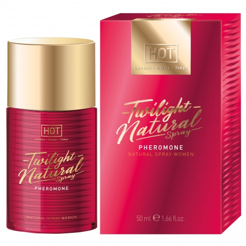Vysoká koncentrácia feromónov HOT Twilight Naturals v 50 ml fľaštičke pre ženy. 
