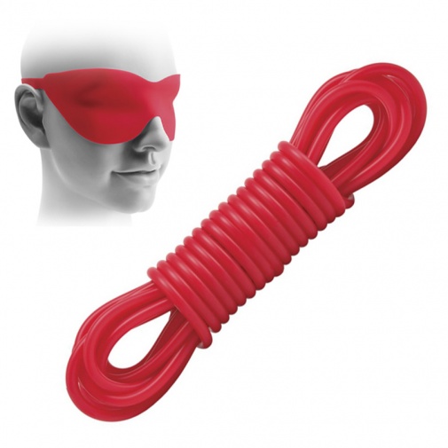 Červené hladké silikónové lano na bdsm hry so silikónovou maskou na oči