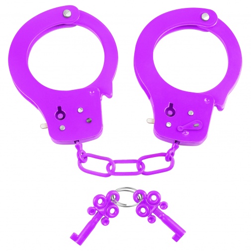 Neónovo fialové kovové putá s bezpečnostnou poistkov a dvoma kľúčikmi - Neon Fun Cuffs.