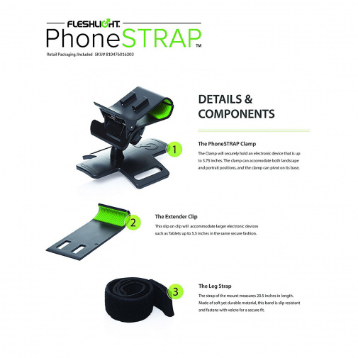 Na obale PhoneStrap sú vysvetlené detaily a komponenty z ktorých sa držiak skladá.