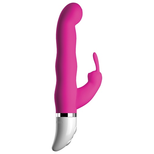 Ružový silikónový vibrátor na stimuláciu bodu G a stimuláciu klitorisu pomocou stimulátora v tvare zajačika.