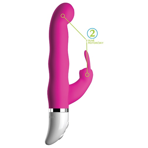 Ružový vibrátor z kvalitného silikónu, hladkým povrchom so stimulátorom klitorisu v tvare zajačika a dvoma silnými motorčekmi s jemne zahnutou špičkou pre dráždenie bodu G.