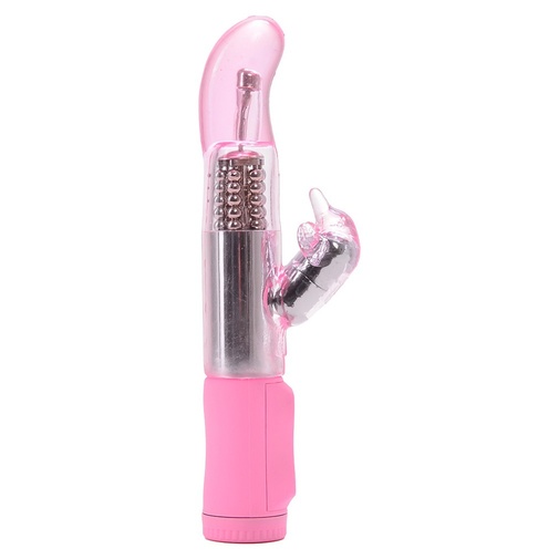 Rotačný klitorisový želatínový a vodotesný vibrátor s perličkami v ružovo čírej farbe s členitým povrchom.
