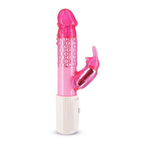 Ružový želatínový vibrátor s výraznym žaluďom a dvoma motorčekmi so stimuláciou klitorisu.