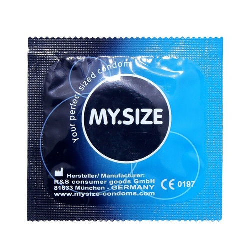 Obal kondómu trojkusového kondómu My.Size 47 mm pre tenký penis s priemernou dĺžkou.