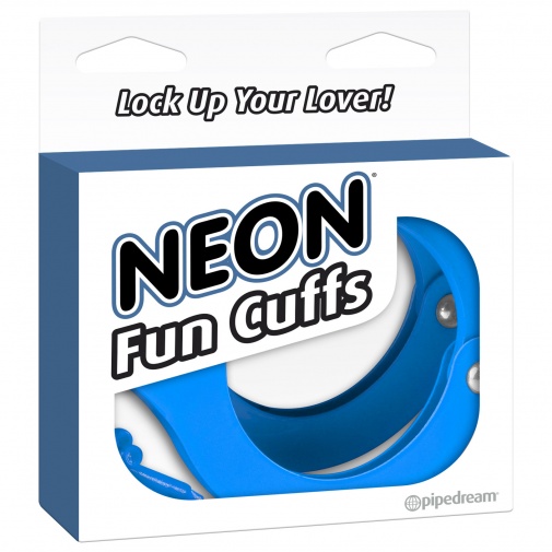 Balenie neóno modrých pút z pevného kovu - Neon Fun Cuffs.
