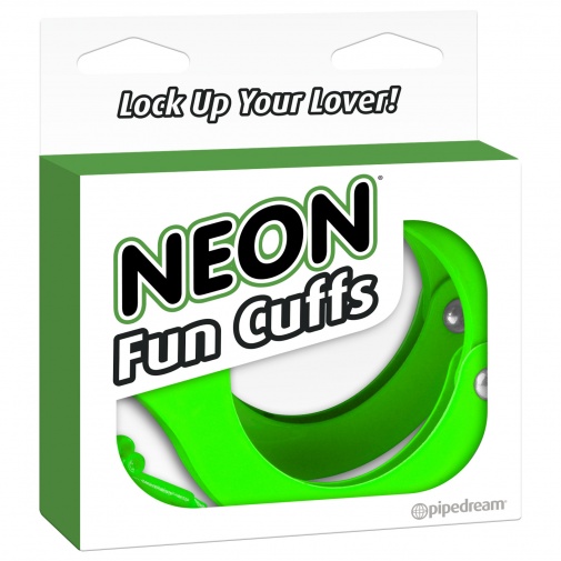 Balenie neóno zelených pút z pevného kovu - Neon Fun Cuffs.