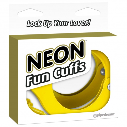 Balenie neóno žltých pút z pevného kovu - Neon Fun Cuffs.