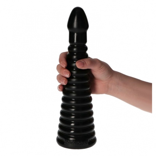 Análna erotická pomôcka v tvare rozširujúcej sa veže čiernej farby s prísavkou pre použitie bez rúk.