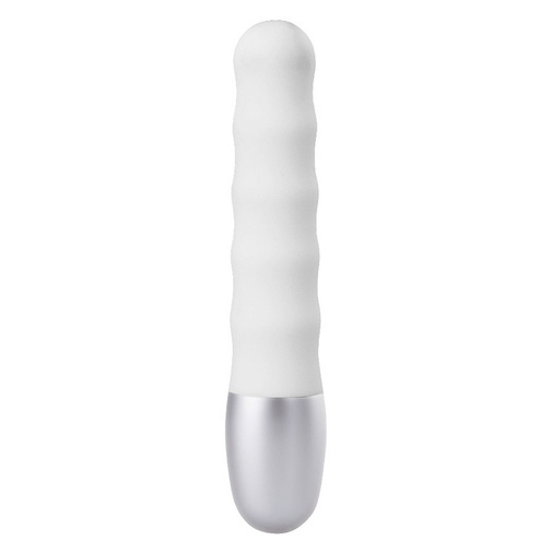 Biely mini vibrátor s vrúbkovaným povrchom na análnu či vaginálnu penetráciu alebo na stimuláciu klitorisu