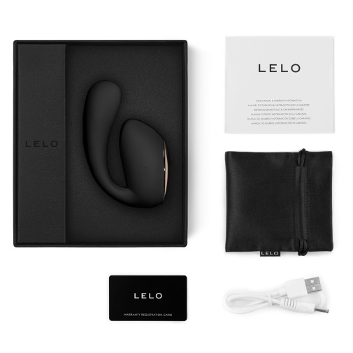 Balenie Lelo Ida Wave obsahuje vibrátor, nabíjací USB kábel, vrecúško na uskladnenie, certifikát a manuál