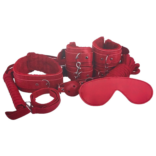 8-dielny červený BDSM kit s kožušinou