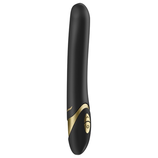 Luxusný silikónový vibrátor Ovo F8 v čiernej farbe so zlatými detailami.