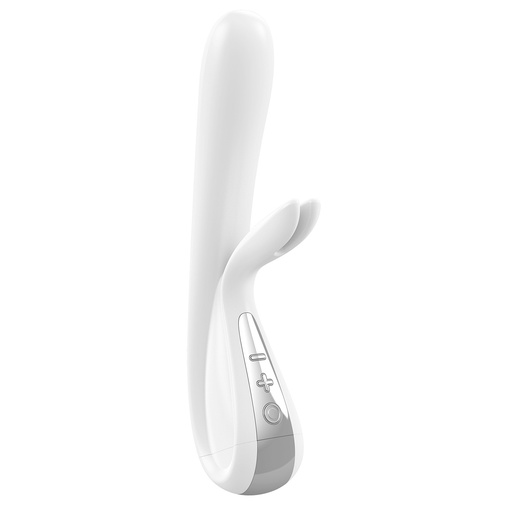 Luxusný silikónový vibrátor Ovo K5 v bielo chrómovom prevedení zo silikónového materiálu so stimulátorom klitorisu v tvare zajačích ušiek