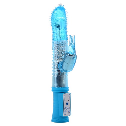 Modrý klitorisový vibrátor s množstvom výstupkov po celom povrchu a stimulátorom análiku