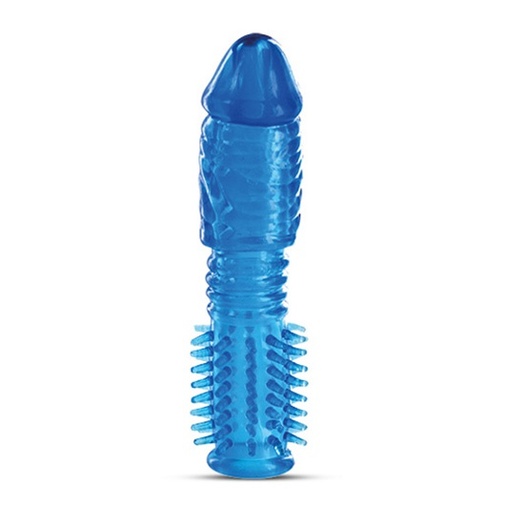 Modrá flexibilná násada na penis s realistickým žaluďom, zúženým stredom a spodkom s výstupkami.