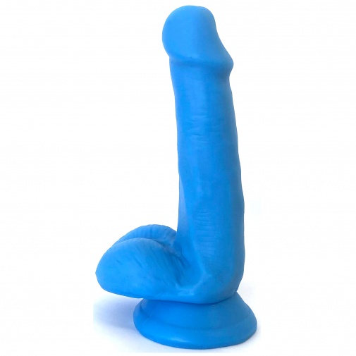 Ohybné dildo Happy Dicks v modrej farbe so semenníkmi a prísavkou.