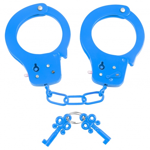 Neónovo modré kovové putá s bezpečnostnou poistkov a dvoma kľúčikmi - Neon Fun Cuffs.