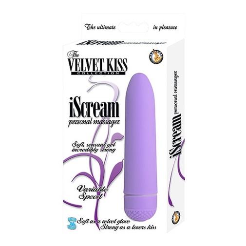 Velvet Kiss iScream malý vibrátor vo fialovej farbe v peknom balení.