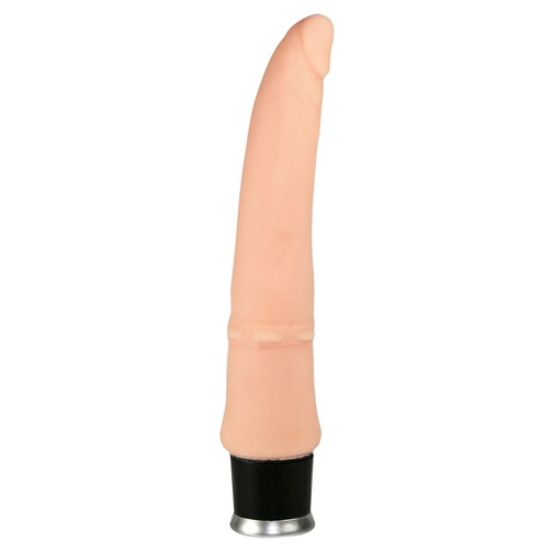 Tenší vibrátor realistického tvaru penisu telovej farby na análnu penetráciu.