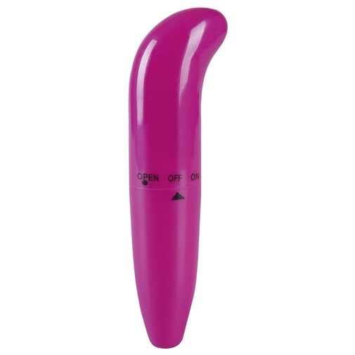 Malý ružový plastový vibrátor so zahnutou špičkou pre kvalitnejšiu penetráciu bodu G.