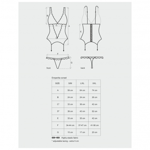 Veľkostná tabuľka pre Emperita set s rozmermi korzetu a tango nohavičiek.