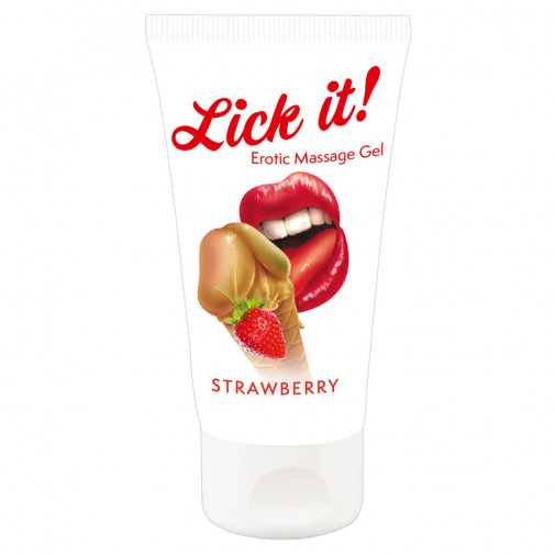 Masážny lubrikačný gél s príchuťou jahody vhodný aj na orálne použitie Lick it Strawberry.