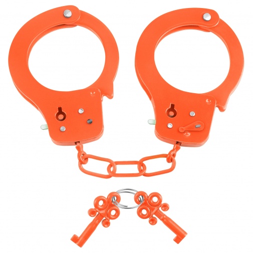 Neónovo oranžové kovové putá s bezpečnostnou poistkov a dvoma kľúčikmi - Neon Fun Cuffs.