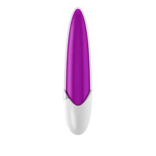 Menší vodeodolný vibrátor s hladkým povrchom bielo fialovej farby s piatimi druhmi vibrácii.